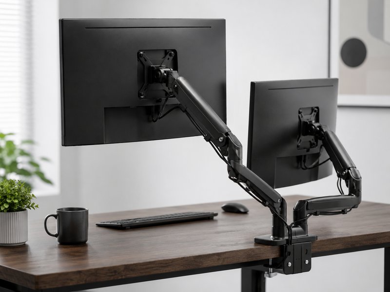 Dual monitor arms mounted on desk edge with adjustable positioning