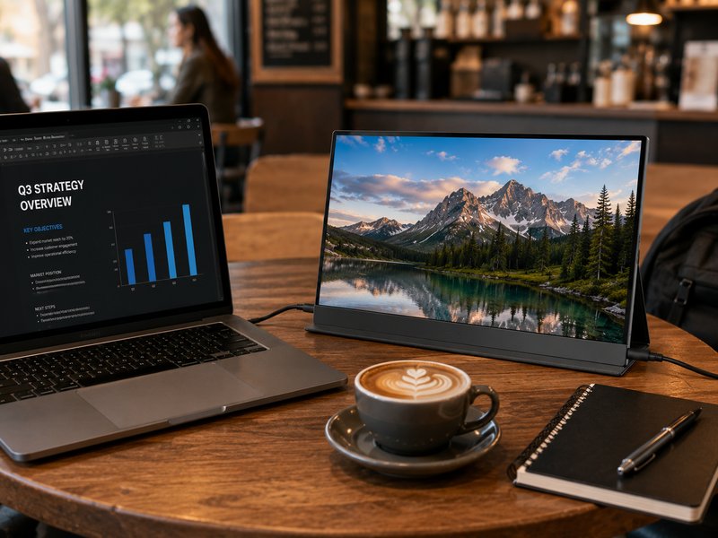 Portable USB-C monitor next to laptop in coffee shop