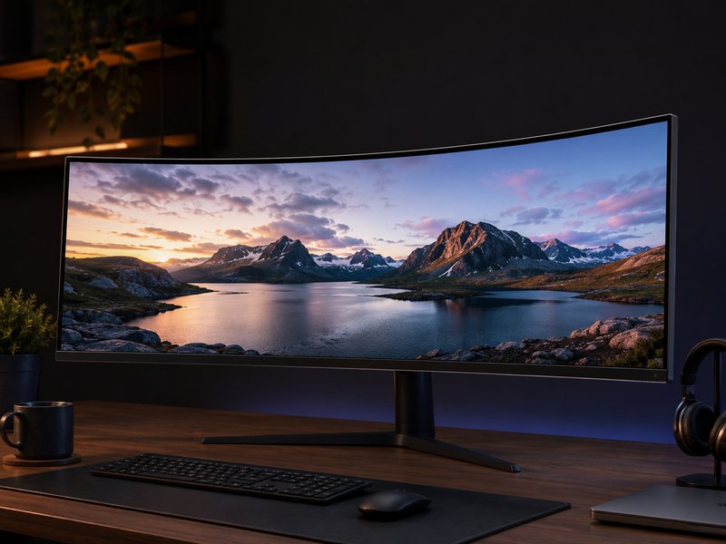 34-inch curved ultrawide monitor displaying panoramic landscape