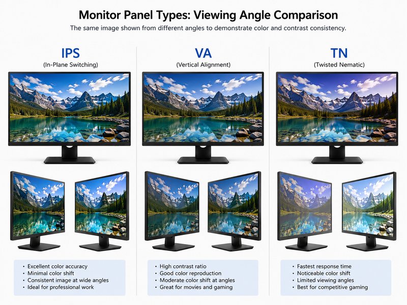 Side-by-side comparison of IPS, VA, and TN panel types showing viewing angle differences