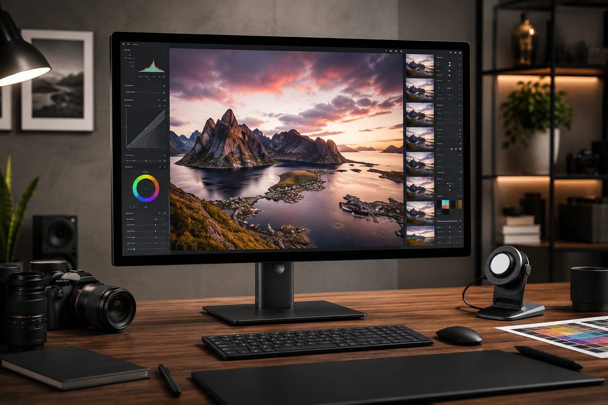 4K monitor displaying an ultra-sharp photo editing workspace with fine detail