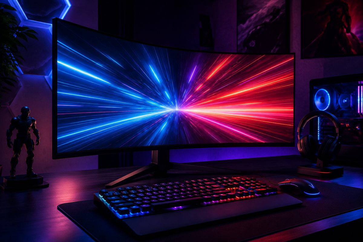 High-refresh QD-OLED gaming monitor displaying vivid fast-motion gameplay in a dark battlestation