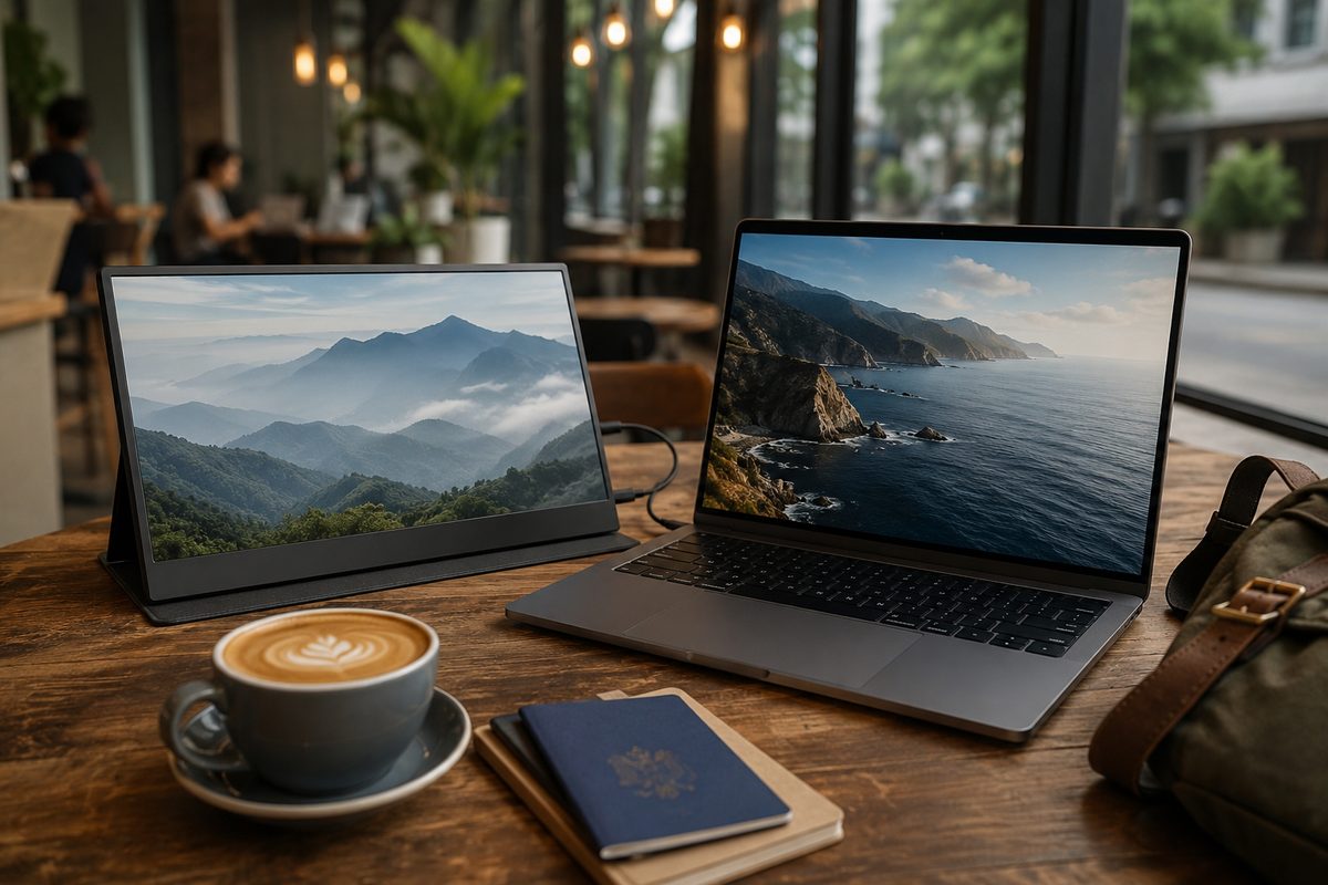 Portable USB-C monitor extending a laptop workspace at a coffee shop table