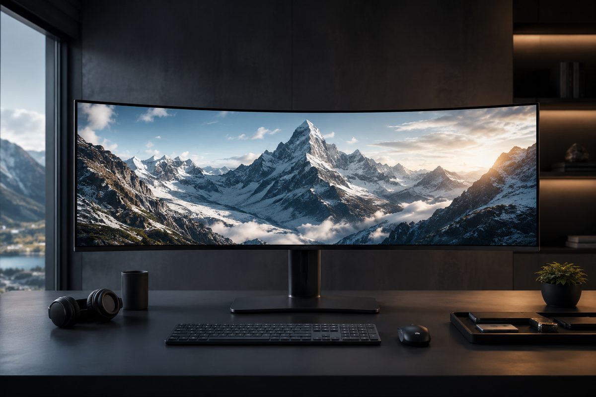 Curved ultrawide monitor displaying a panoramic landscape across a 21:9 canvas