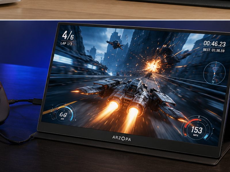 Arzopa Z3FC 180Hz portable gaming monitor connected to a handheld console