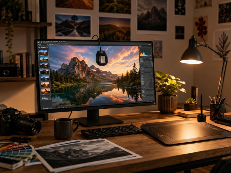 Color-accurate monitor in a creative workspace with calibration device