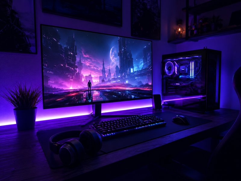 Gaming battlestation with high-refresh-rate monitor displaying fast-motion content
