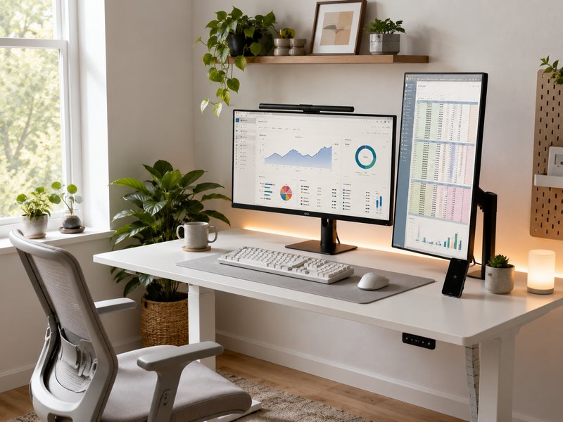 Clean dual-monitor home office setup with standing desk